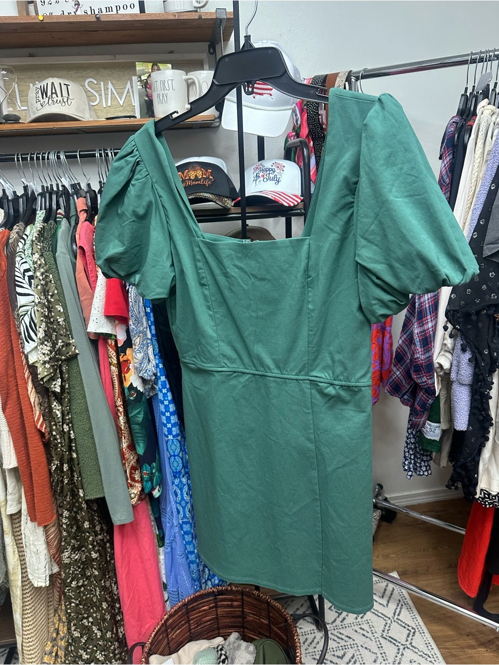 Puff-Sleeve Square-Neck Mini Dress in Forest Green - Picture 2 of 5